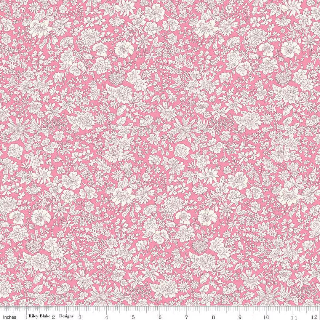 A closeup shot of the quilting fabric pattern called Vintage Pink, part of Liberty Fabric's Emily Belle fabric collection by Riley Blake. SKU is 01666406A.