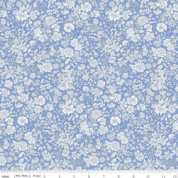 A closeup shot of the quilting fabric pattern called Marine Blue, part of Liberty Fabric's Emily Belle fabric collection by Riley Blake. SKU is 01666409A.