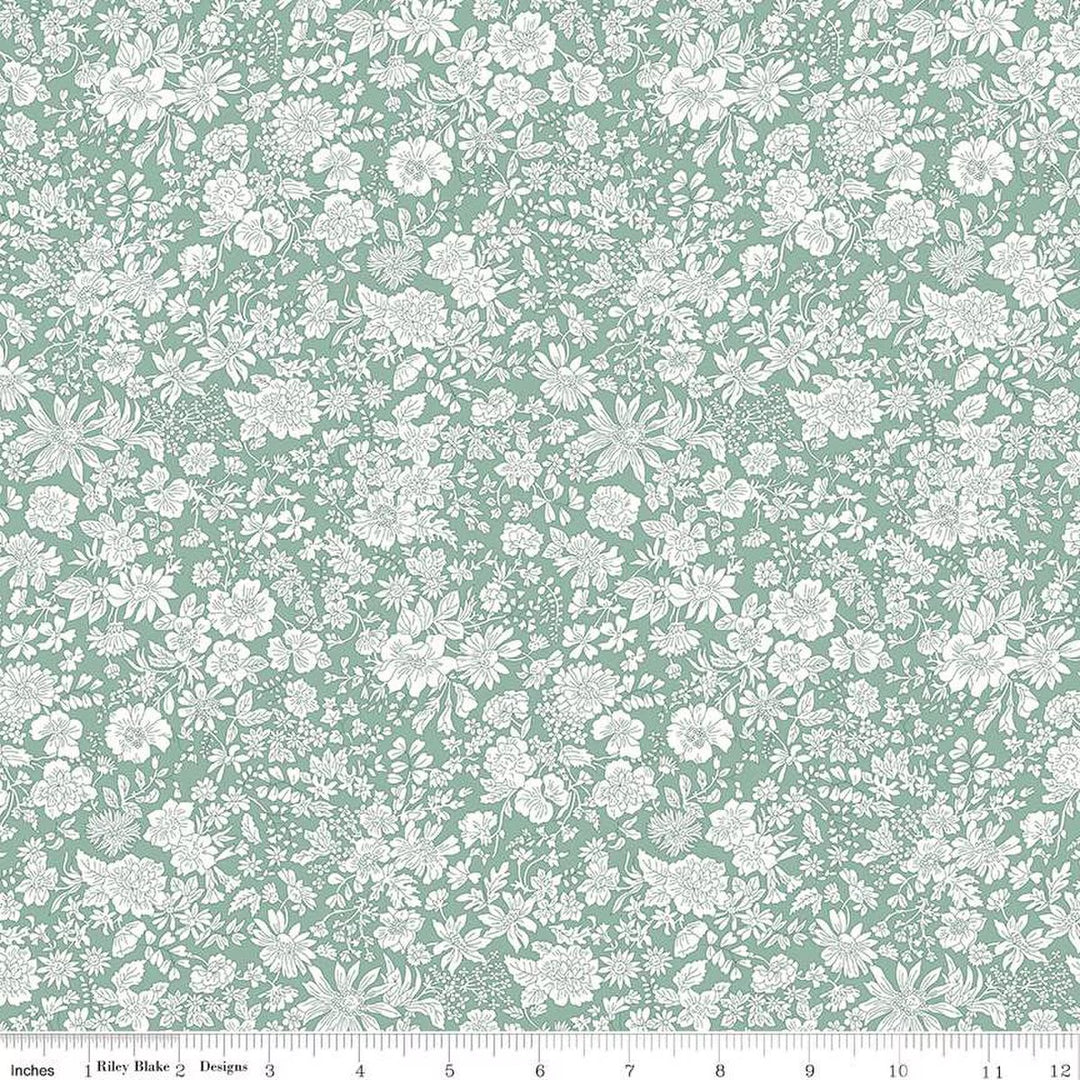 A closeup shot of the quilting fabric pattern called Olive Leaf, part of Liberty Fabric's Emily Belle fabric collection by Riley Blake. SKU is 01666412A.