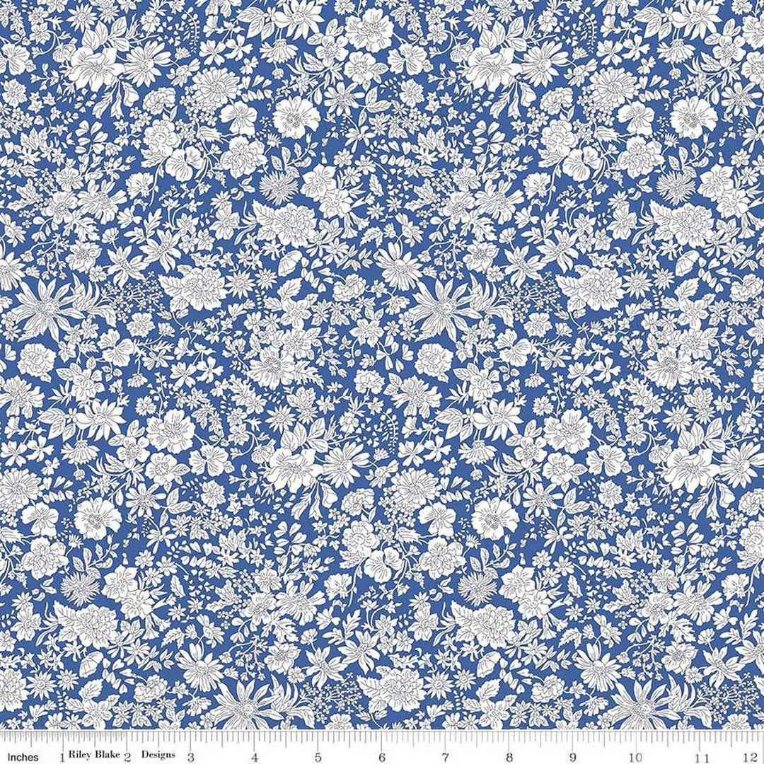 A closeup shot of the quilting fabric pattern called Cobalt, part of Liberty Fabric's Emily Belle fabric collection by Riley Blake. SKU is 01666415A.