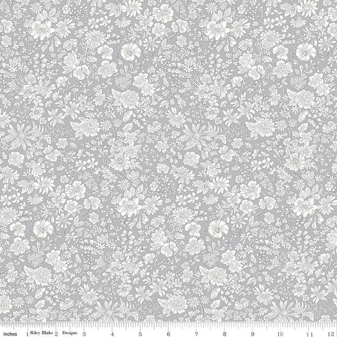 A closeup shot of the quilting fabric pattern called Steel, part of Liberty Fabric's Emily Belle fabric collection by Riley Blake. SKU is 01666428A.