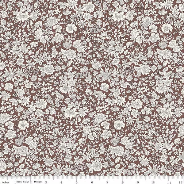 A closeup shot of the quilting fabric pattern called Chocolate, part of Liberty Fabric's Emily Belle fabric collection by Riley Blake. SKU is 01666434A.