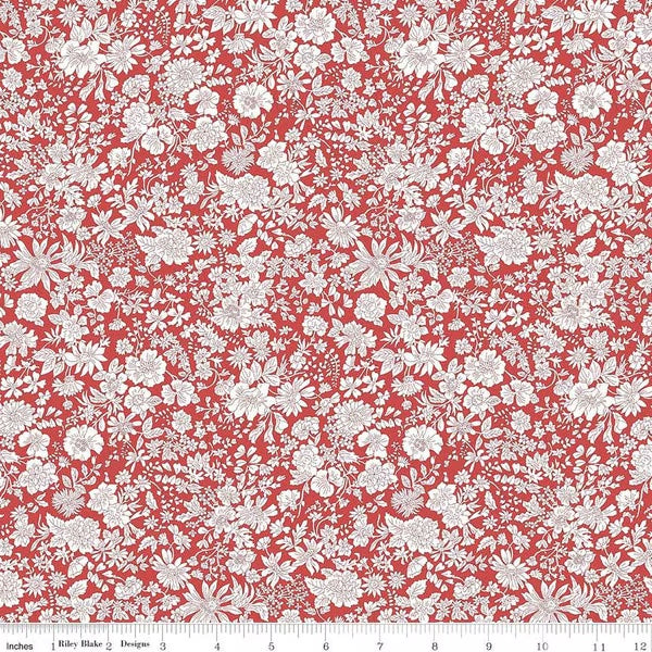 A closeup shot of the quilting fabric pattern called Crimson, part of Liberty Fabric's Emily Belle fabric collection by Riley Blake. SKU is 01666444A.