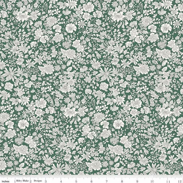 A closeup shot of the quilting fabric pattern called Evergreen, part of Liberty Fabric's Emily Belle fabric collection by Riley Blake. SKU is 01666445A.