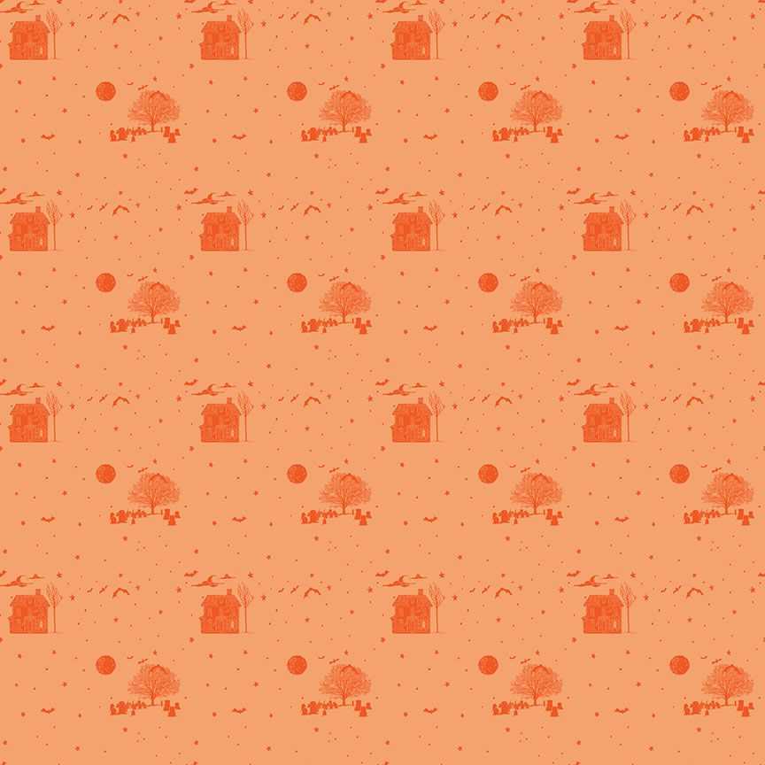 A closeup shot of the quilting fabric pattern called Haunted, designed by Pammie Jane for Dear Stella, in the pumpkin colorway. The SKU is STELLA-DPJ3170 PUMPKIN.