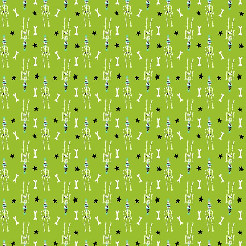 A closeup shot of the quilting fabric pattern called Skeletor, designed by Pammie Jane for Dear Stella, in the citron colorway. The SKU is STELLA-DPJ3177 CITRON.