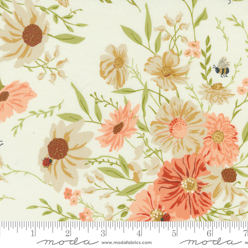 Cotton quilting fabric pattern called 'Farm Fresh in Porcelain'. Part of the 'Farmstead' fabric collection. Designed by Stacy Iest Hsu for fabric company MODA. SKU: 20900 11. 44-45 inch width.