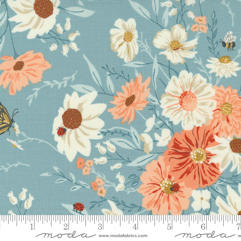 Cotton quilting fabric pattern called 'Farm Fresh Flowers in Mountain Stream'. Part of the 'Farmstead' fabric collection. Designed by Stacy Iest Hsu for fabric company MODA. SKU: 20900 14. 44-45 inch width.