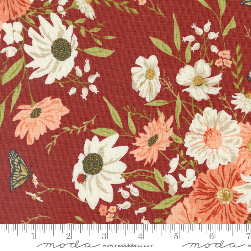 Cotton quilting fabric pattern called 'Farm Fresh Flowers in Baked Beans'. Part of the 'Farmstead' fabric collection. Designed by Stacy Iest Hsu for fabric company MODA. SKU: 20900 23. 44-45 inch width.