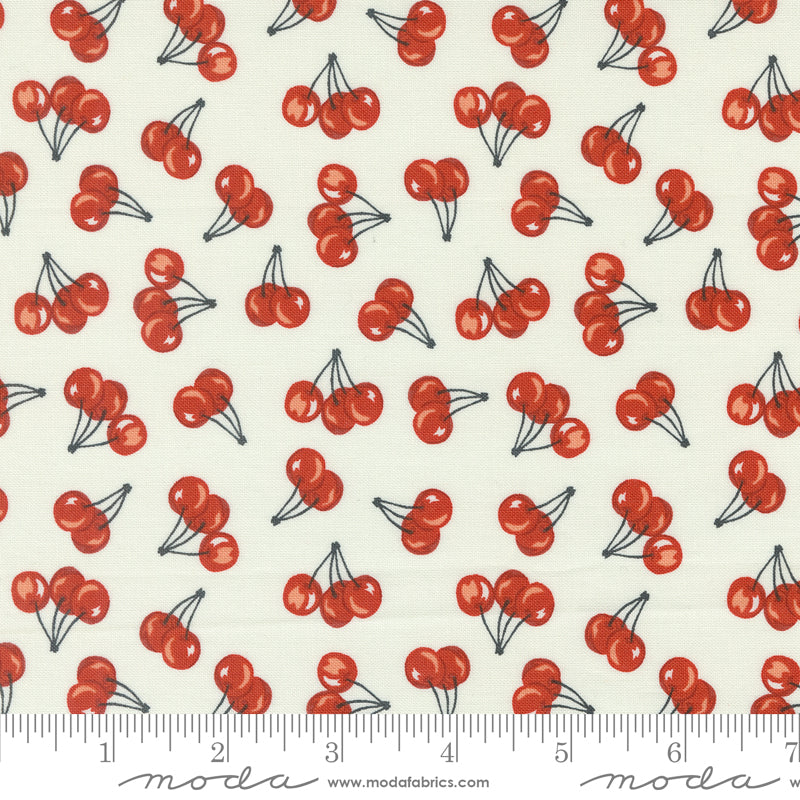 Cotton quilting fabric pattern called 'Farm Fresh Cherries in Porcelain'. Part of the 'Farmstead' fabric collection. Designed by Stacy Iest Hsu for fabric company MODA. SKU: 20906 11. 44-45 inch width.