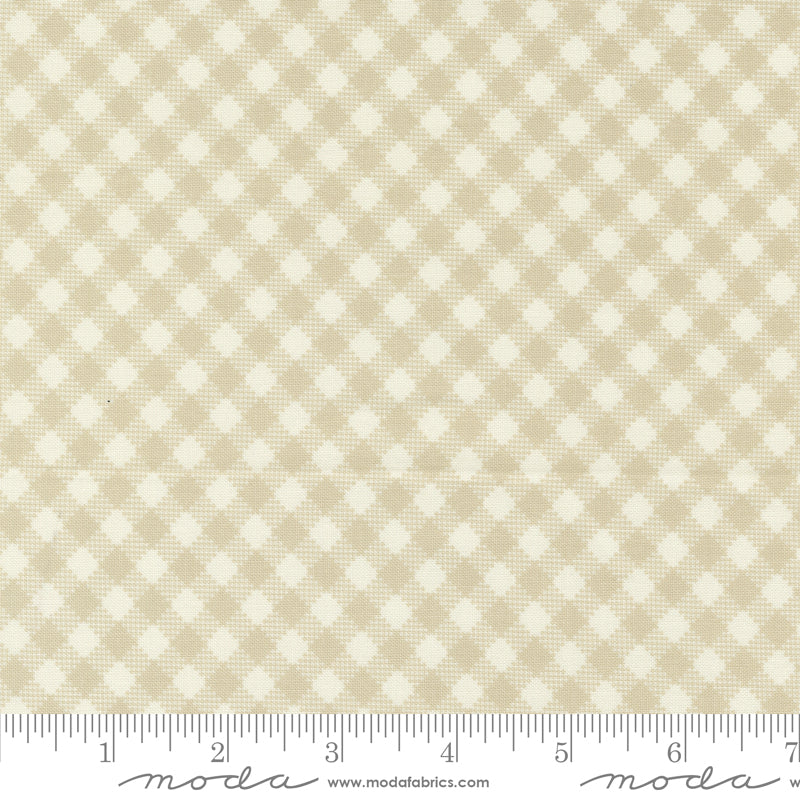 Cotton quilting fabric pattern called 'Bias Gingham in Linen'. Part of the 'Farmstead' fabric collection. Designed by Stacy Iest Hsu for fabric company MODA. SKU: 20907 12. 44-45 inch width.