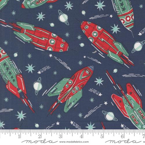 A closeup shot of the quilting fabric pattern called Vintage Rockets, designed by Stacy Iest Hsu, in the galaxy colorway. The SKU is 20950 14.