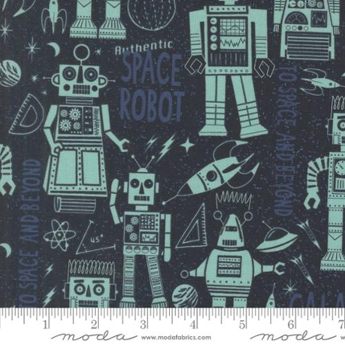 A closeup shot of the quilting fabric pattern called Space Robot, designed by Stacy Iest Hsu, in the night sky colorway. The SKU is 20951 15.