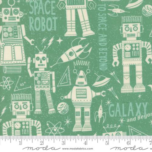 A closeup shot of the quilting fabric pattern called Space Robot, designed by Stacy Iest Hsu, in the neptune colorway. The SKU is 20951 16.