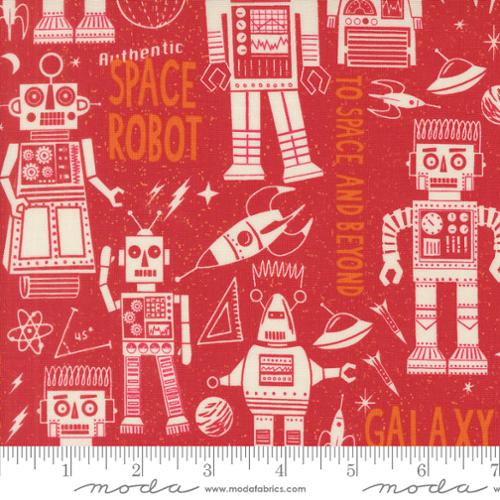 A closeup shot of the quilting fabric pattern called Space Robot, designed by Stacy Iest Hsu, in the mars colorway. The SKU is 20951 20.