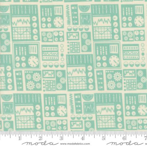 A closeup shot of the quilting fabric pattern called Dashboard, designed by Stacy Iest Hsu, in the blue nebula colorway. The SKU is 20953 17.