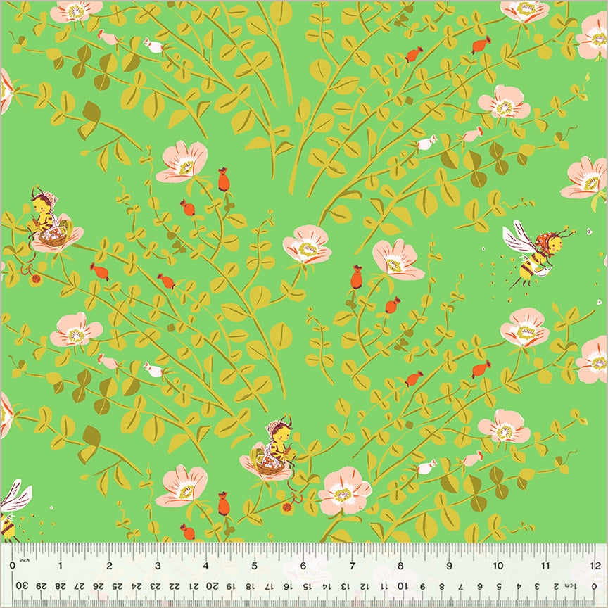 A closeup shot of the quilting fabric pattern called Nanny Bee, designed by Heather Ross, in the green colorway. The SKU is 37023D-5.