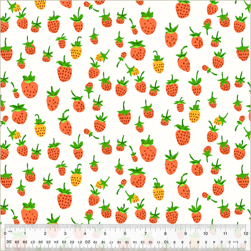 A closeup shot of the quilting fabric pattern called Strawberries, designed by Heather Ross, in the white colorway. The SKU is 37024D-3.