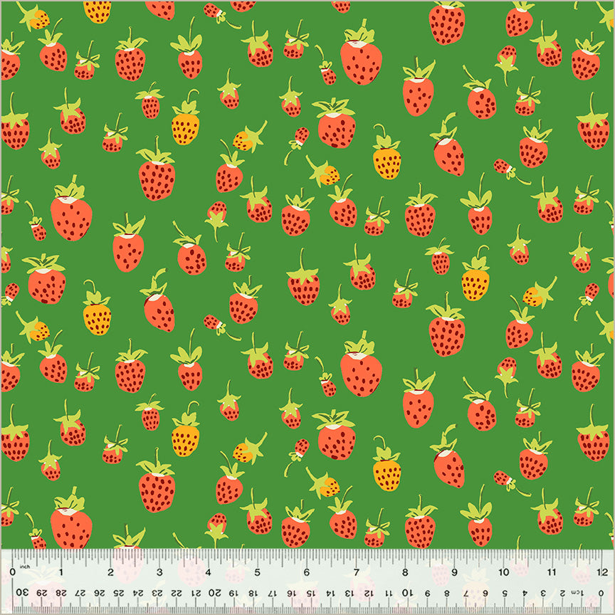 A closeup shot of the quilting fabric pattern called Strawberries, designed by Heather Ross, in the green colorway. The SKU is 37024D-5.