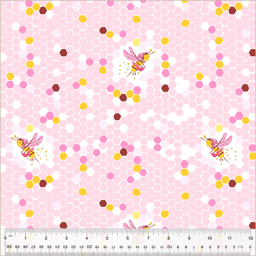 A closeup shot of the quilting fabric pattern called Hex Bee, designed by Heather Ross, in the pink colorway. The SKU is 37025D-6.