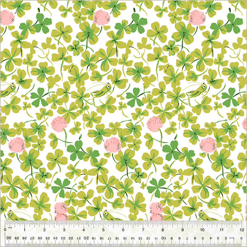 A closeup shot of the quilting fabric pattern called Cricket Clover, designed by Heather Ross, in the pink colorway. The SKU is 37026D-6.