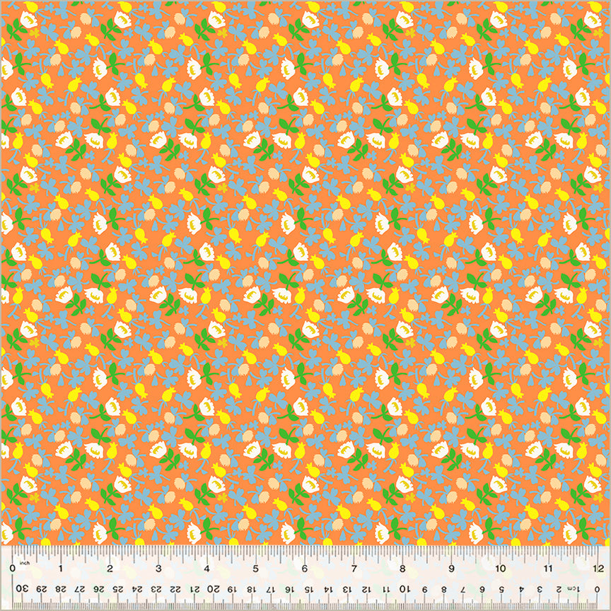 A closeup shot of the quilting fabric pattern called Calico, designed by Heather Ross, in the orange colorway. The SKU is 37027D-9.