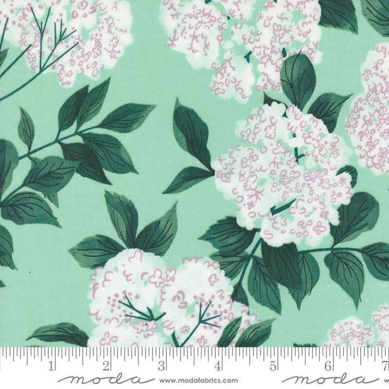 Cotton quilting fabric pattern called 'Elderberry Blossoms in Seafoam'. Part of the 'Love Letter' fabric collection. Designed by Lizzy House for fabric company MODA. SKU: 37123 28. 44-45 inch width.