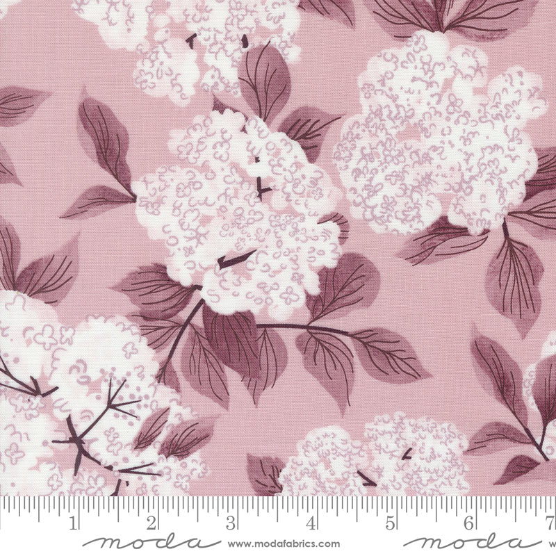 Cotton quilting fabric pattern called 'Elderberry Blossoms in Mauve'. Part of the 'Love Letter' fabric collection. Designed by Lizzy House for fabric company MODA. SKU: 37123 36. 44-45 inch width.