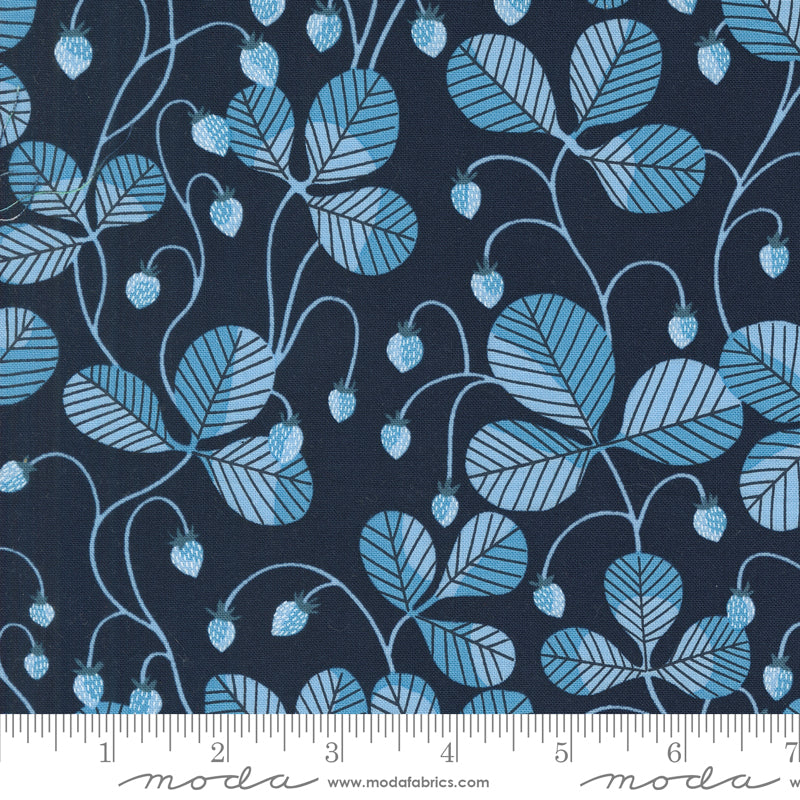 Cotton quilting fabric pattern called 'Virginia in Peacoat'. Part of the 'Love Letter' fabric collection. Designed by Lizzy House for fabric company MODA. SKU: 37124 27. 44-45 inch width.