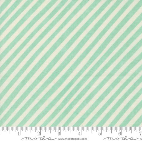 A closeup shot of the quilting fabric pattern called Candy Stripe, designed by Lizzy House, in the seafoam colorway. The SKU is 37126 28.