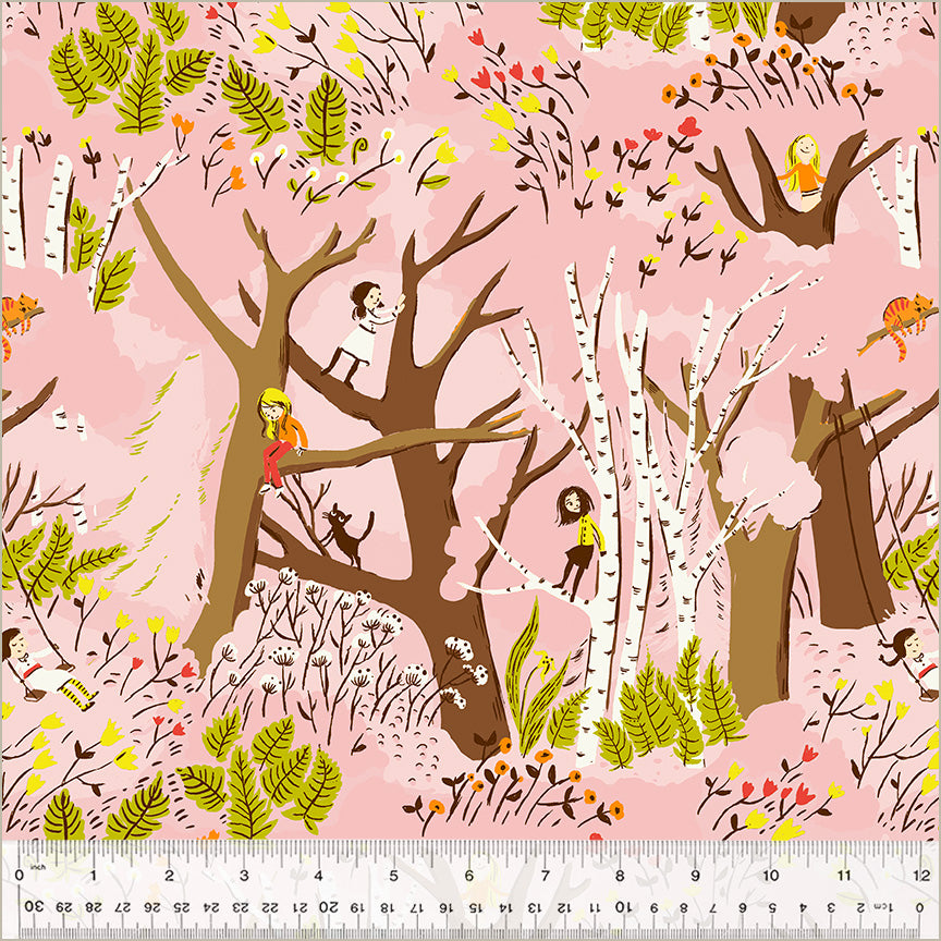 A closeup shot of the quilting fabric pattern called Girls in Trees, designed by Heather Ross, in the pink colorway. The SKU is 40927D-6.