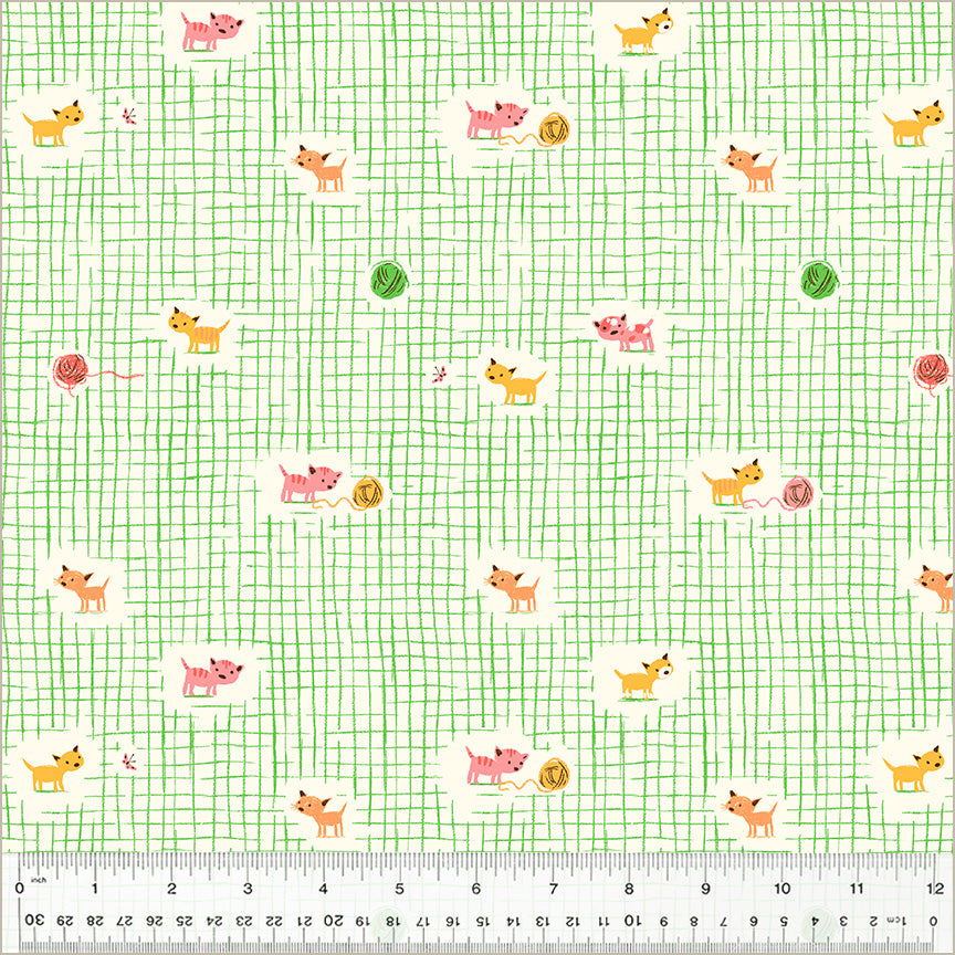 A closeup shot of the quilting fabric pattern called Kitten Plaid, designed by Heather Ross, in the green colorway. The SKU is 40929D-2.