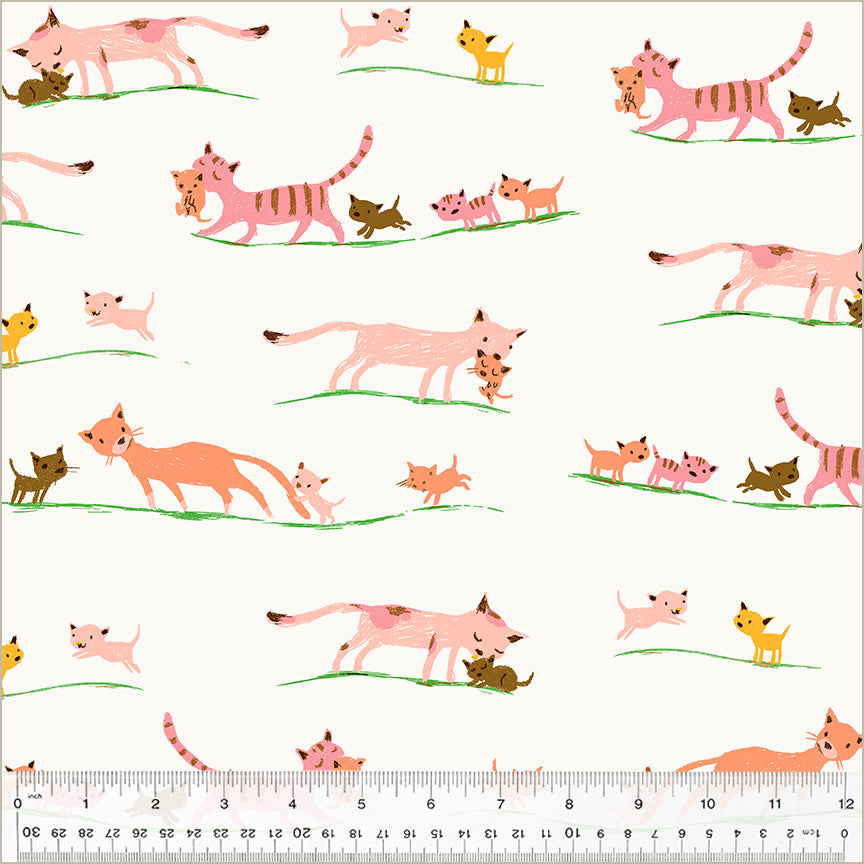 A closeup shot of the quilting fabric pattern called Mother Cats, designed by Heather Ross, in the cream colorway. The SKU is 40931D-5.