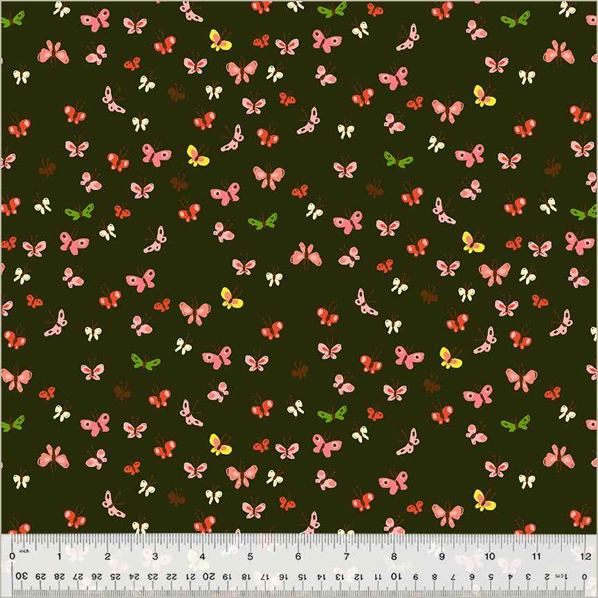 A closeup shot of the quilting fabric pattern called Butterflies, designed by Heather Ross, in the mud colorway. The SKU is 40933D-8.