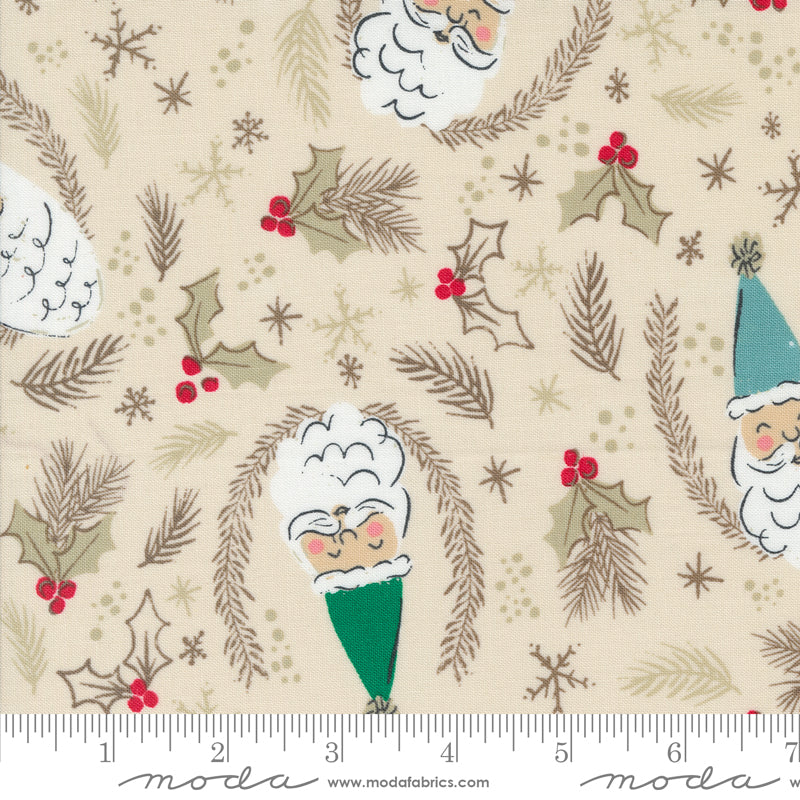 Cotton quilting fabric pattern called 'Jolly St Nick in Natural'. Part of the 'Cozy Wonderland' fabric collection. Designed by Fancy That Design House for fabric company Moda. SKU: 45590 11. 44-45 inch width.