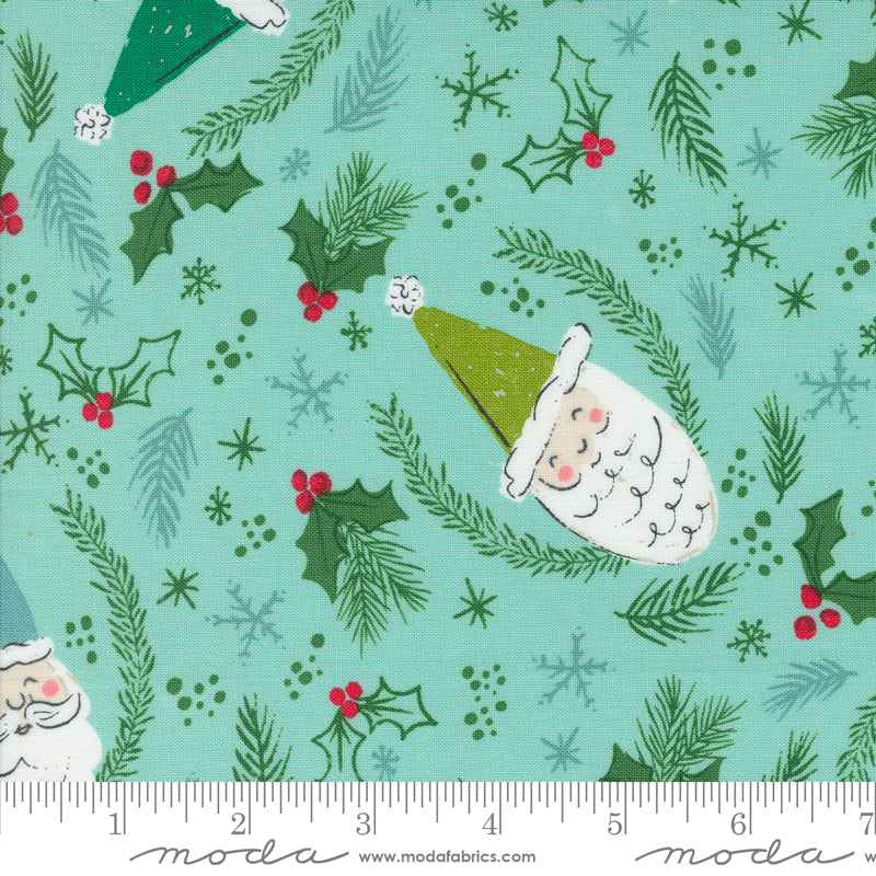 Cotton quilting fabric pattern called 'Jolly St Nick in Icicle'. Part of the 'Cozy Wonderland' fabric collection. Designed by Fancy That Design House for fabric company Moda. SKU: 45590 17. 44-45 inch width.