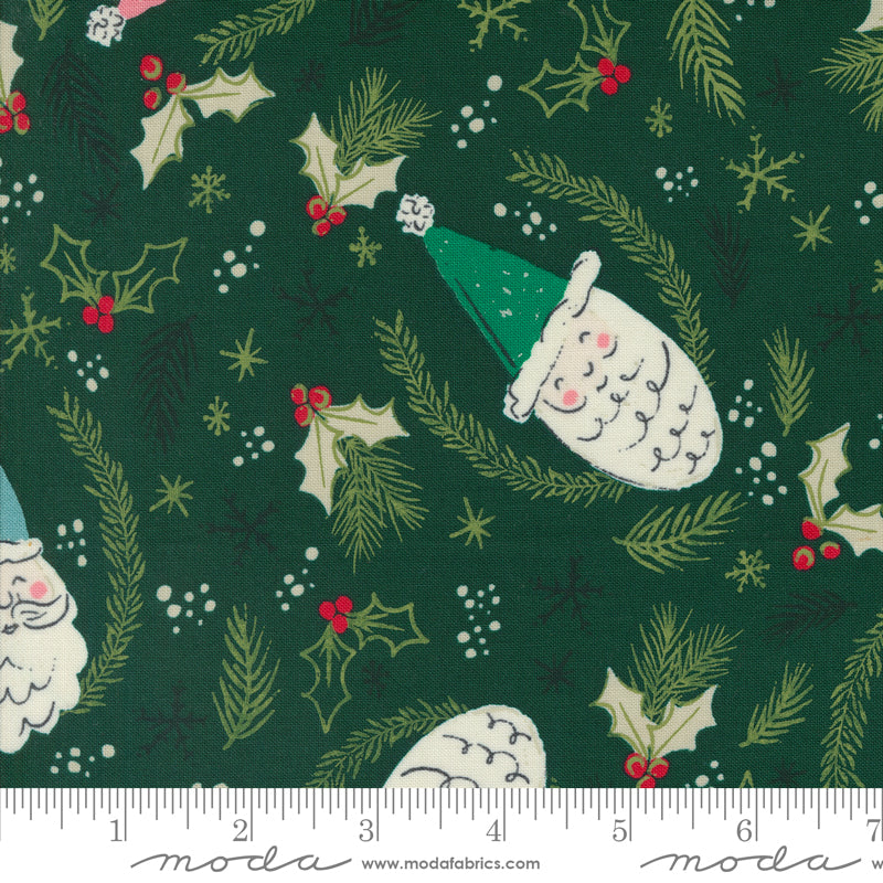 Cotton quilting fabric pattern called 'Jolly St Nick in Pine'. Part of the 'Cozy Wonderland' fabric collection. Designed by Fancy That Design House for fabric company Moda. SKU: 45590 23. 44-45 inch width.