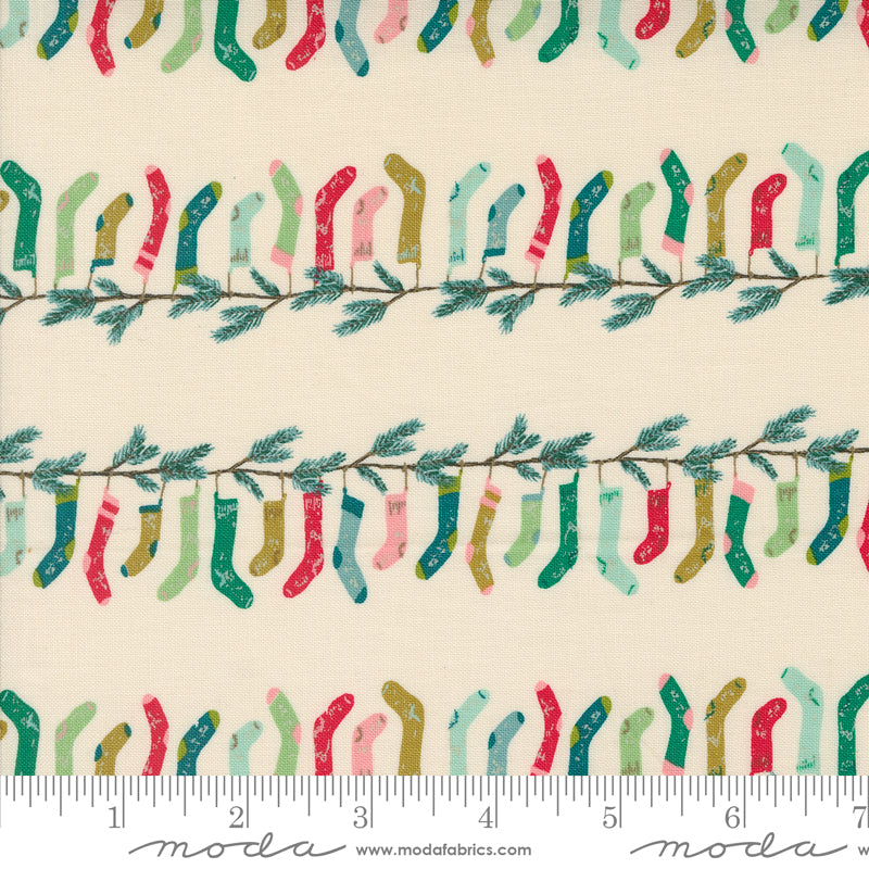 Cotton quilting fabric pattern called 'Stocking Stripe in Natural'. Part of the 'Cozy Wonderland' fabric collection. Designed by Fancy That Design House for fabric company Moda. SKU: 45592 11. 44-45 inch width.