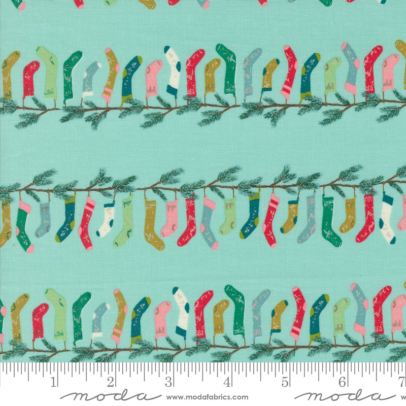 Cotton quilting fabric pattern called 'Stocking Stripe in Icicle'. Part of the 'Cozy Wonderland' fabric collection. Designed by Fancy That Design House for fabric company Moda. SKU: 45592 17. 44-45 inch width.