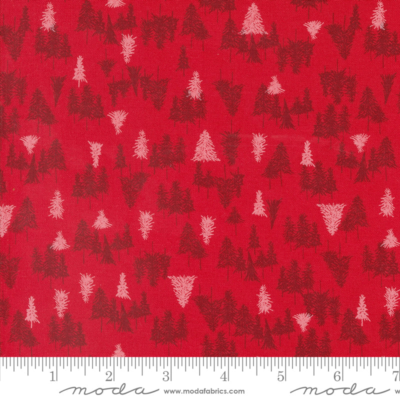 Cotton quilting fabric pattern called 'Tree Farm in Berry'. Part of the 'Cozy Wonderland' fabric collection. Designed by Fancy That Design House for fabric company Moda. SKU: 45594 14. 44-45 inch width.