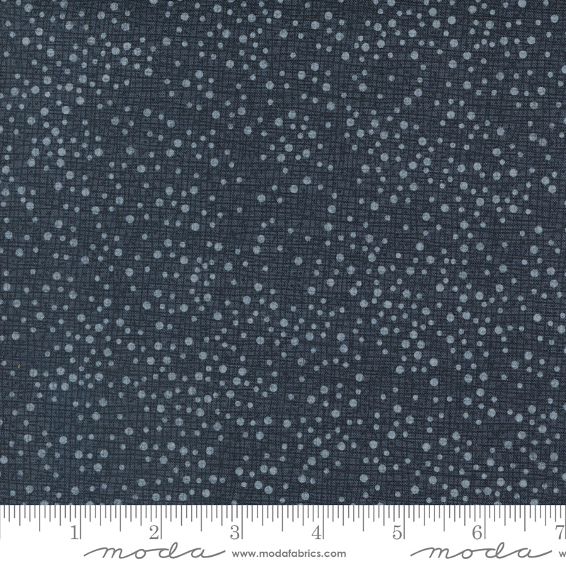 Cotton quilting fabric pattern called 'Dotty Thatched in Soft Black'. Part of the 'Winterly' fabric collection. Designed by Robin Pickens for fabric company Moda. SKU: 48715 152. 44-45 inch width.