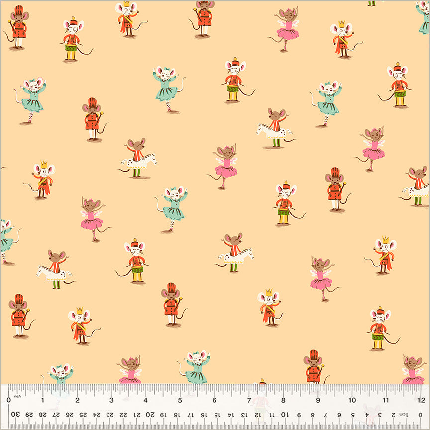 A closeup shot of the quilting fabric pattern called Nutcracker Mice, designed by Heather Ross, in the peach colorway. The SKU is 50166D-3.