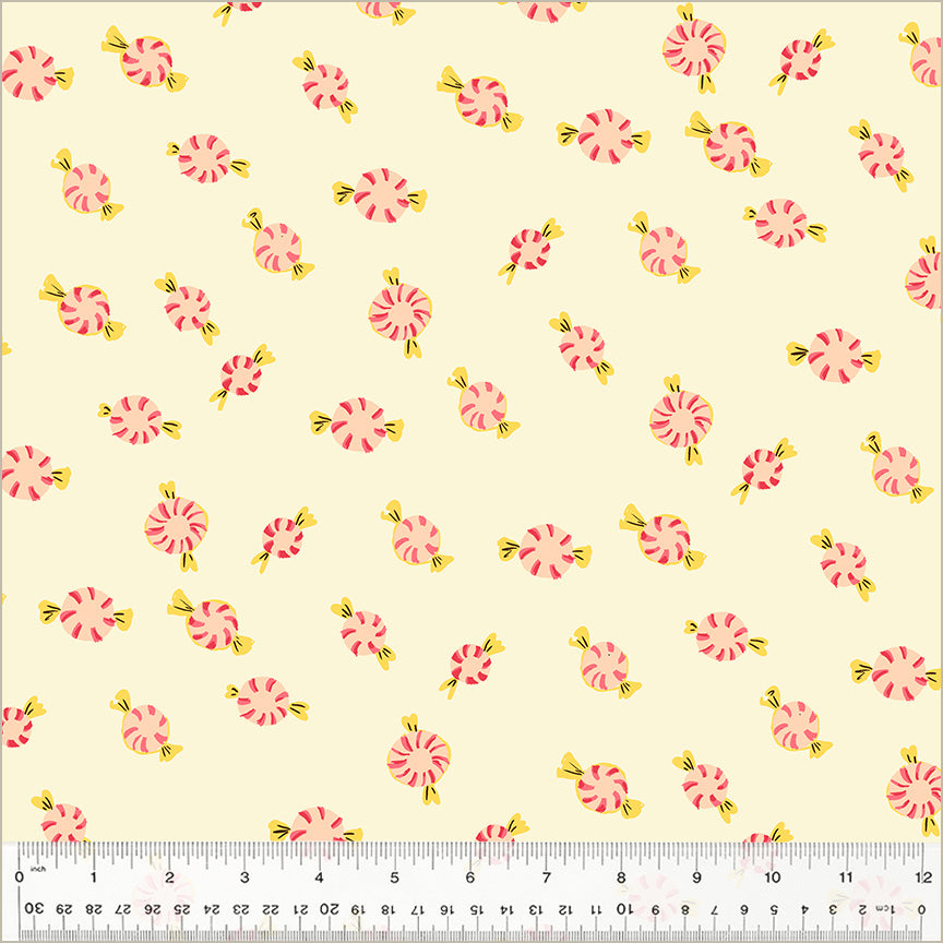 A closeup shot of the quilting fabric pattern called Peppermint Candies, designed by Heather Ross, in the cream colorway. The SKU is 50167D-2.