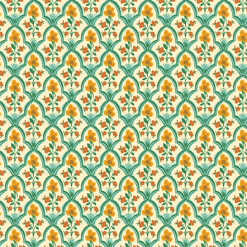 A closeup shot of the quilting fabric pattern called Wood Block, designed by Heather Ross, in the ocean colorway. The SKU is 52151-1.