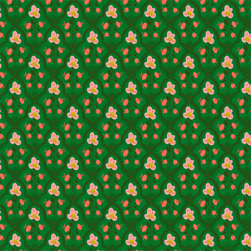 A closeup shot of the quilting fabric pattern called Wood Block, designed by Heather Ross, in the dark green colorway. The SKU is 52151-19.