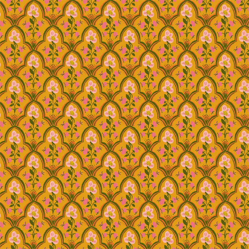 A closeup shot of the quilting fabric pattern called Wood Block, designed by Heather Ross, in the olive colorway. The SKU is 52151-20.