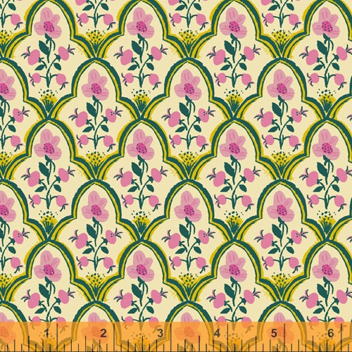 A closeup shot of the quilting fabric pattern called Wood Block, designed by Heather Ross, in the pink colorway. The SKU is 52151L-7.