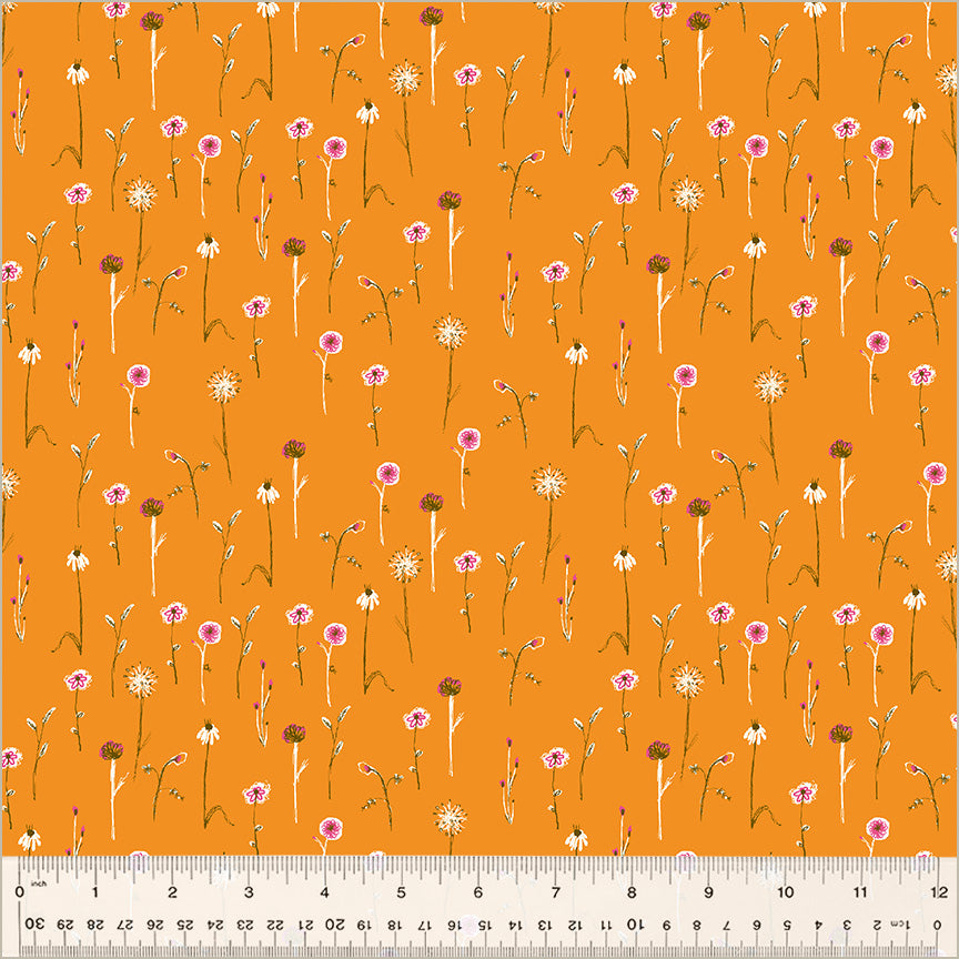 A closeup shot of the quilting fabric pattern called Wildflowers, designed by Heather Ross, in the orange colorway. The SKU is 52757D-12.