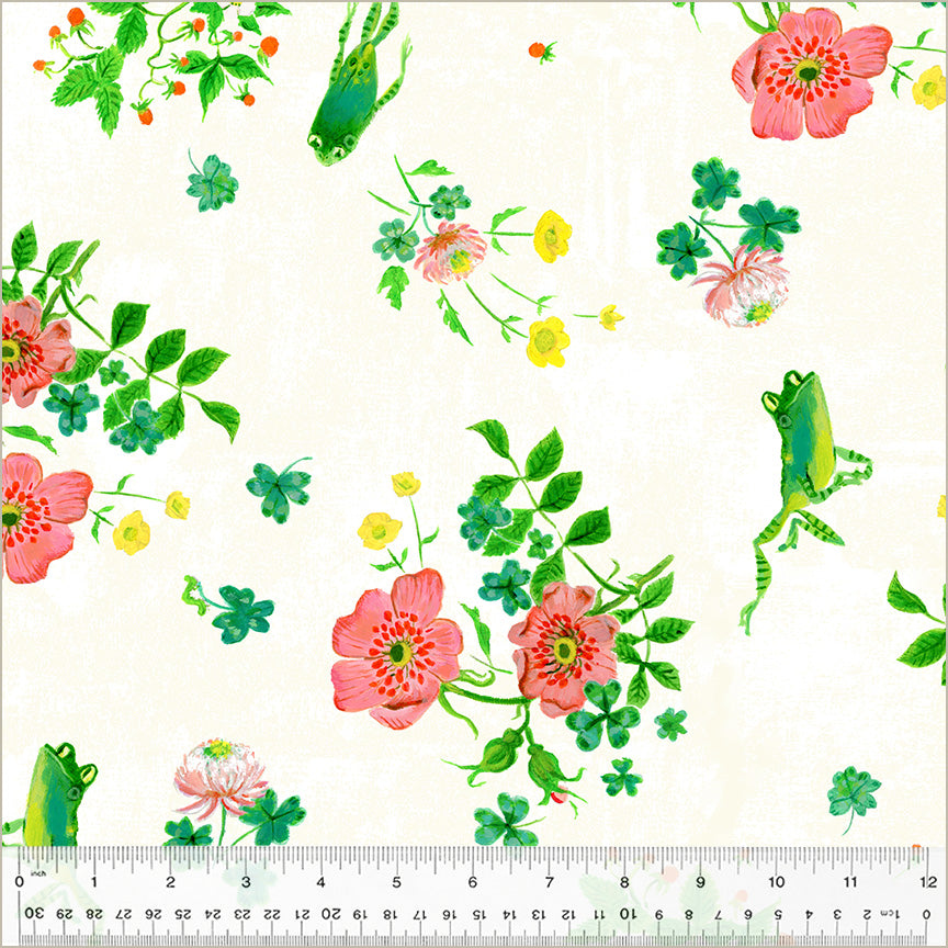 Cotton quilting fabric pattern called 'Frog Spring in White'. Part of the 'Heather Ross By Hand' fabric collection. Designed by Heather Ross for fabric company Windham Fabrics. SKU: 54249D-1. 44-45 inch width.