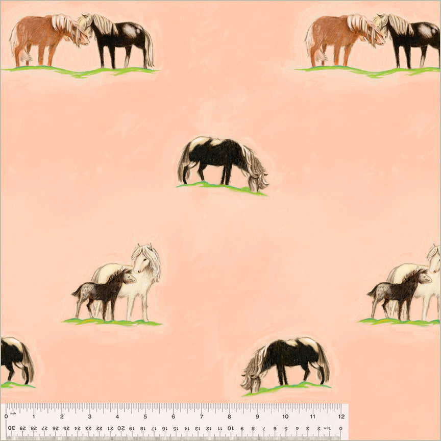 Cotton quilting fabric pattern called 'Ponies in Peach'. Part of the 'Heather Ross By Hand' fabric collection. Designed by Heather Ross for fabric company Windham Fabrics. SKU: 54253D-4. 44-45 inch width.